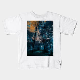 Majestic Fantasy Fall Wooded Trail Scene with Blue Foliage and Orange Sky - Indian Creek Trail Kansas City Kids T-Shirt